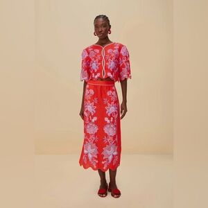 FARM RIO Red Porcelain Garden Euroflax™ Premium Linen Midi Skirt